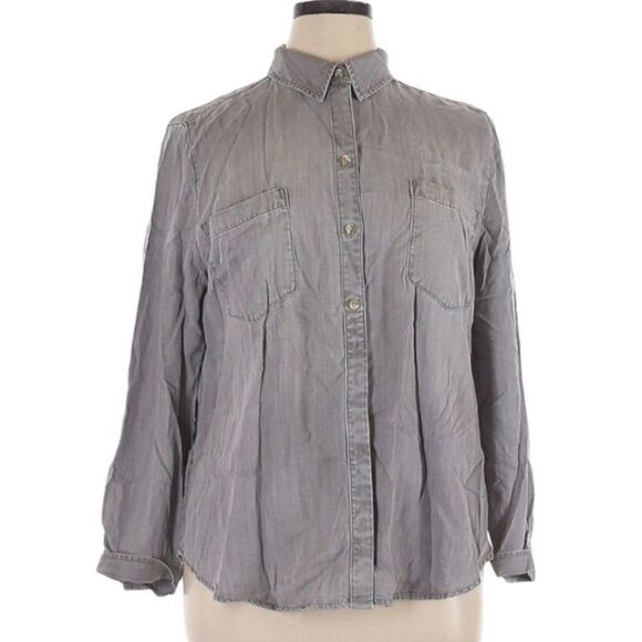 Chico's Gray Stone Wash Shirt Long Tab Sleeve Collared Button Down Tencel Sz 3 - Picture 1 of 9